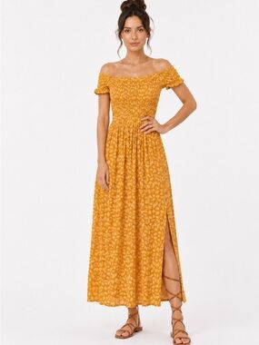 Mustard Floral Off Shoulder Midi Dress Smocked Flowy Summer Dress